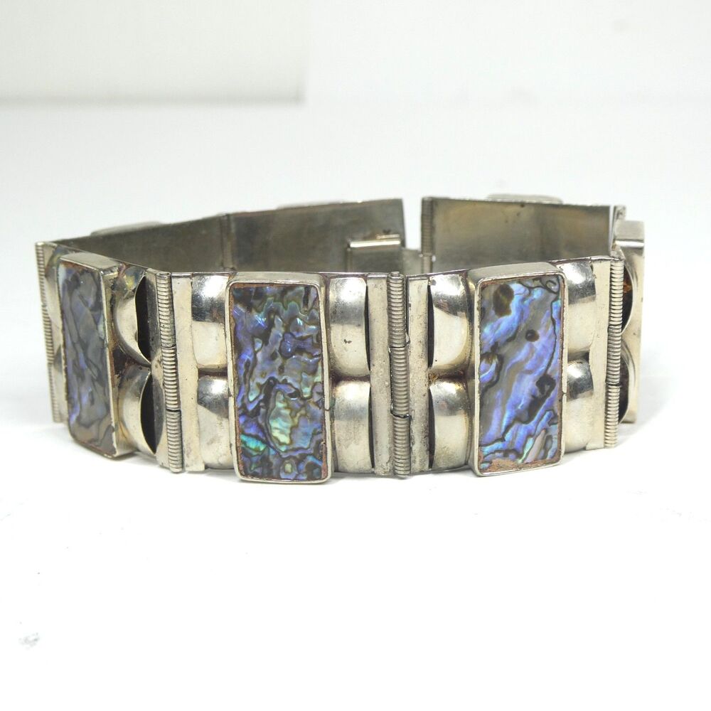 Mother of Pearl Panel Link Bracelet Abalone Sterling Silver Taxco Mexico Vintage